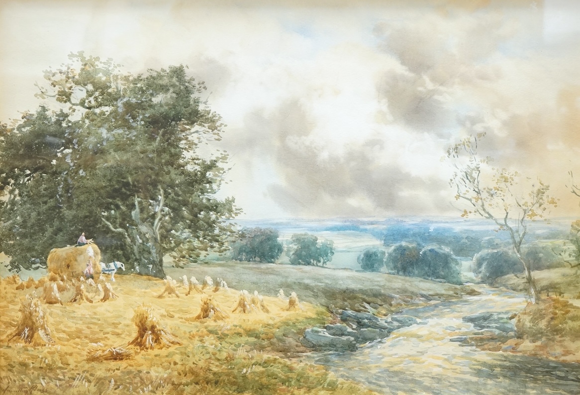 James Hamilton (1820-1855), Landscape with figures haymaking, signed, watercolour, 33 x 48cm, ornate gilt frame